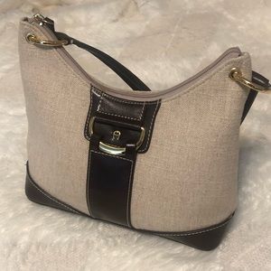 Etienne Aigner Cream Brown Gold Tone Canvas Faux Leather Combo Hobo Bag Purse